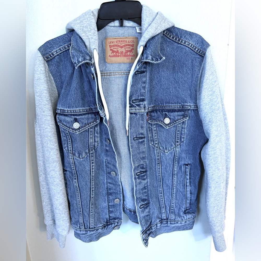 Levi’s Hybrid Hoodie Trucker Jacket Blue Denim Men’s S Small Heavyweight Gray - Picture 4 of 11